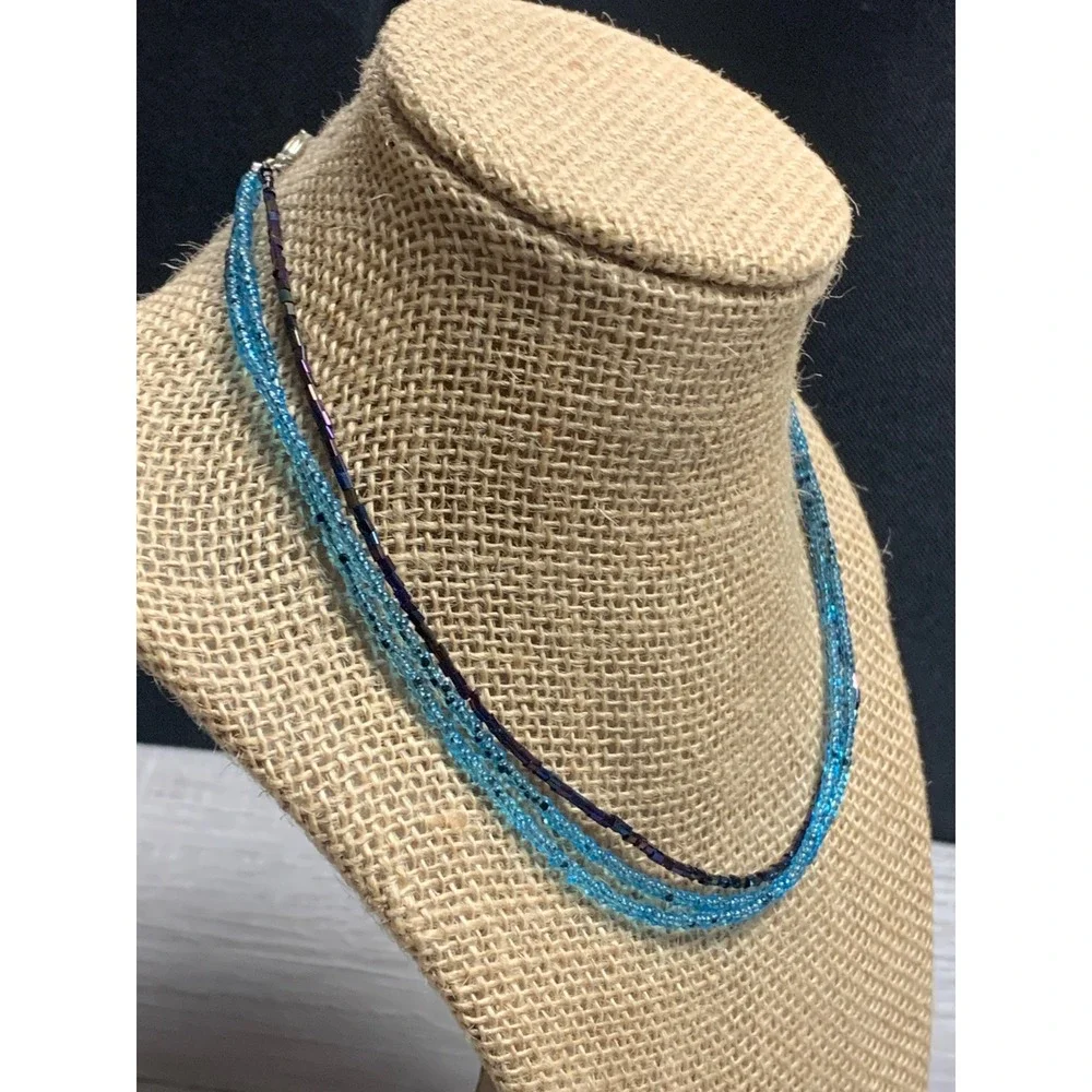 Turquoise Blue and Iridescent Purple Multistrand Seed Bead Necklace 16 Inch